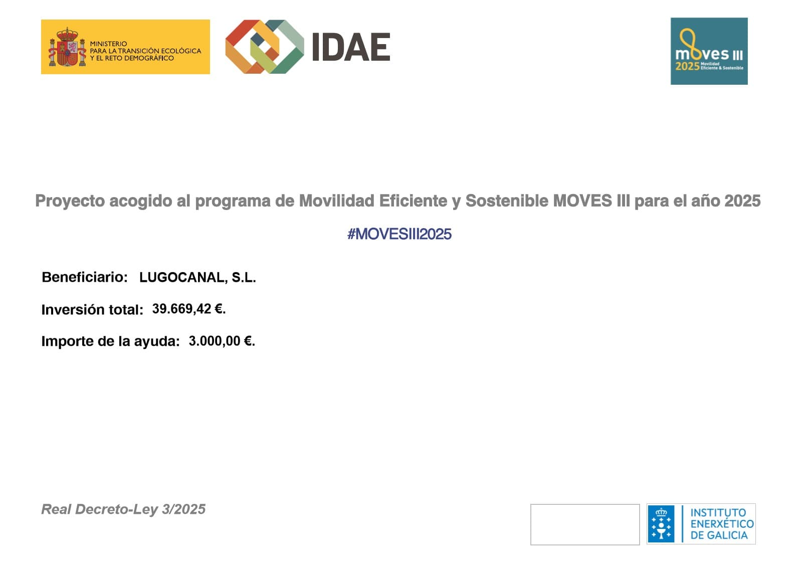 Cartel del programa de Movilidad Eficiente y Sostenible MOVES III 2025 - LugoCanal